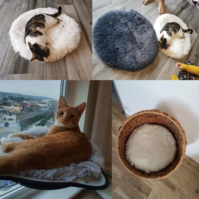 Round Plush Calming Dog Bed – Soft Fluffy Pet Cushion for Deep Sleep