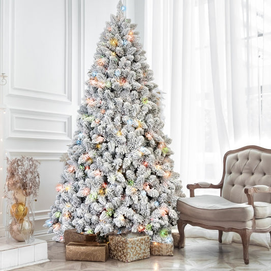 Snow Flocked Pre-Lit Artificial Christmas Tree – Warm Lights, Ready to Decorate