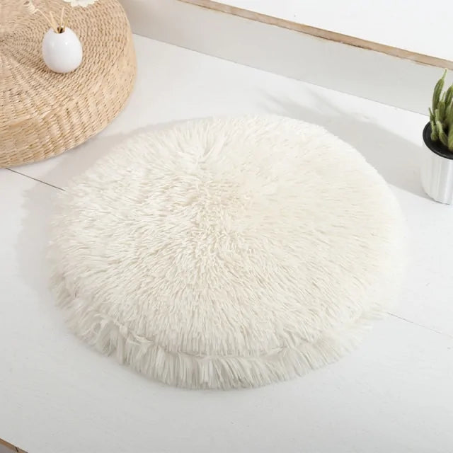 Round Plush Calming Dog Bed – Soft Fluffy Pet Cushion for Deep Sleep