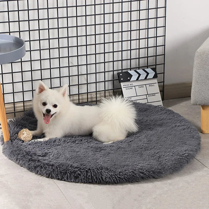 Round Plush Calming Dog Bed – Soft Fluffy Pet Cushion for Deep Sleep