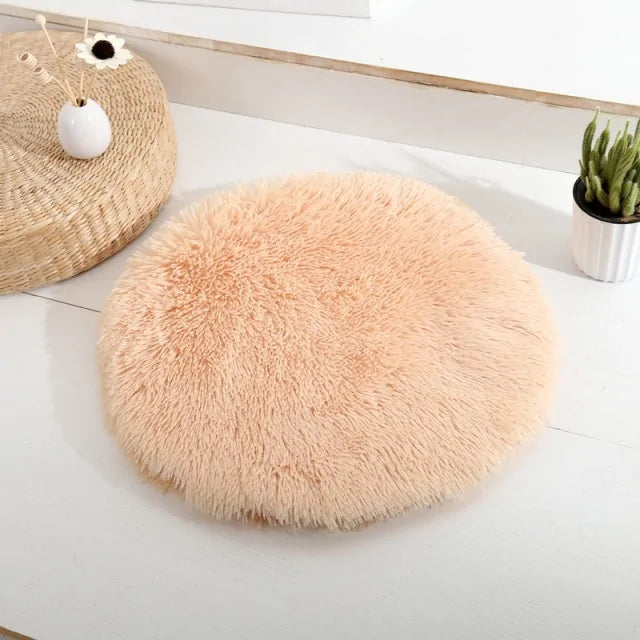 Round Plush Calming Dog Bed – Soft Fluffy Pet Cushion for Deep Sleep