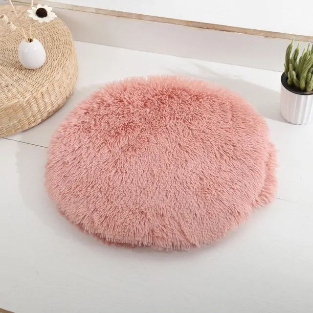Round Plush Calming Dog Bed – Soft Fluffy Pet Cushion for Deep Sleep