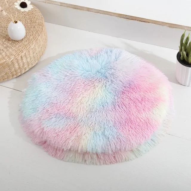 Round Plush Calming Dog Bed – Soft Fluffy Pet Cushion for Deep Sleep