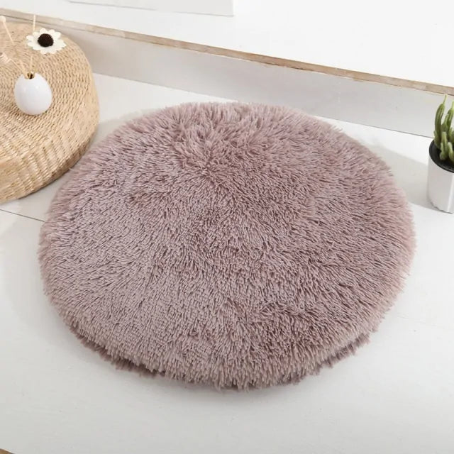 Round Plush Calming Dog Bed – Soft Fluffy Pet Cushion for Deep Sleep