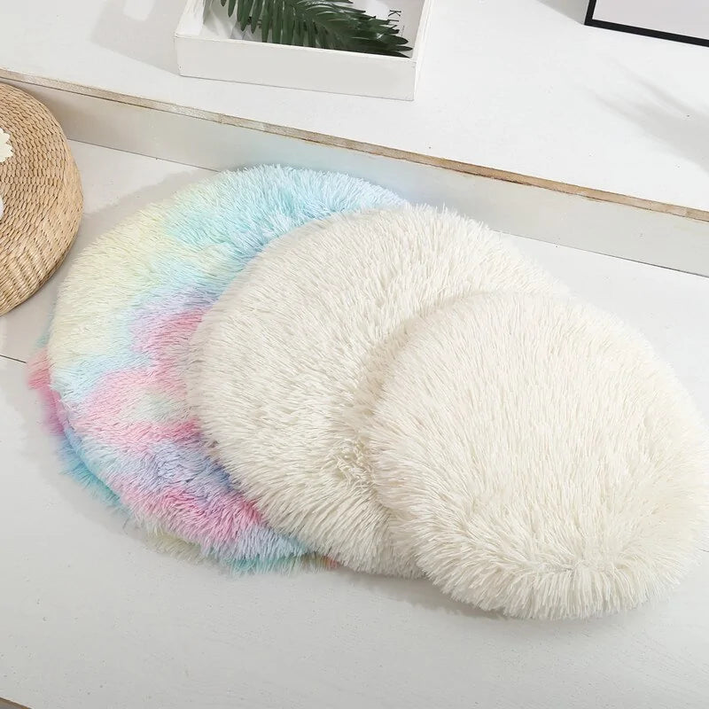 Round Plush Calming Dog Bed – Soft Fluffy Pet Cushion for Deep Sleep