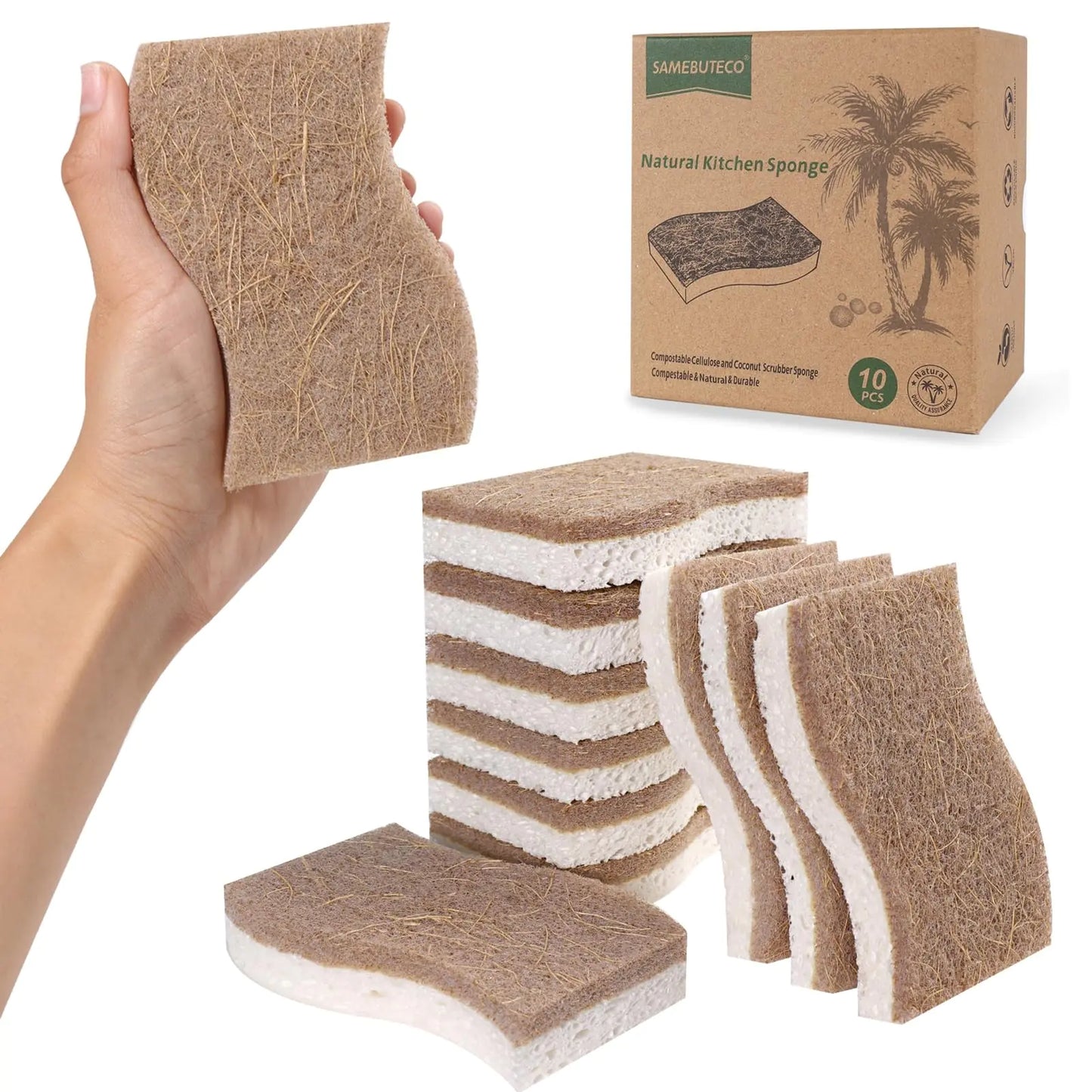 Natural Coconut Fiber & Cellulose Kitchen Sponges (10-Pack) – Compostable, Heavy-Duty Scrubbers