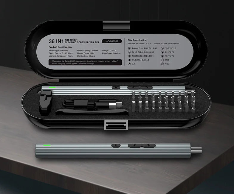 USB-C Electric Precision Screwdriver Set (36-in-1, LED, Magnetic Case)