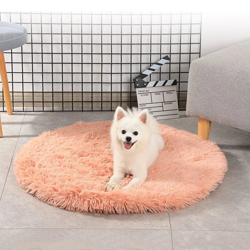 Round Plush Calming Dog Bed – Soft Fluffy Pet Cushion for Deep Sleep